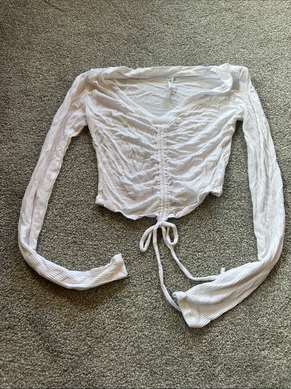 ALO Yoga White Ruched V-Neck Tie-Front Long Sleeve Top XS